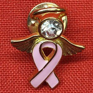 Breast Cancer Awareness Pink Ribbon Lapel Pin Angel Wings Clear Crystal